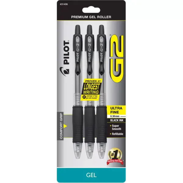 Pilot 3ct G2 Premium Retractable Gel Ink Pen Ultra Fine Point 0.38mm Black