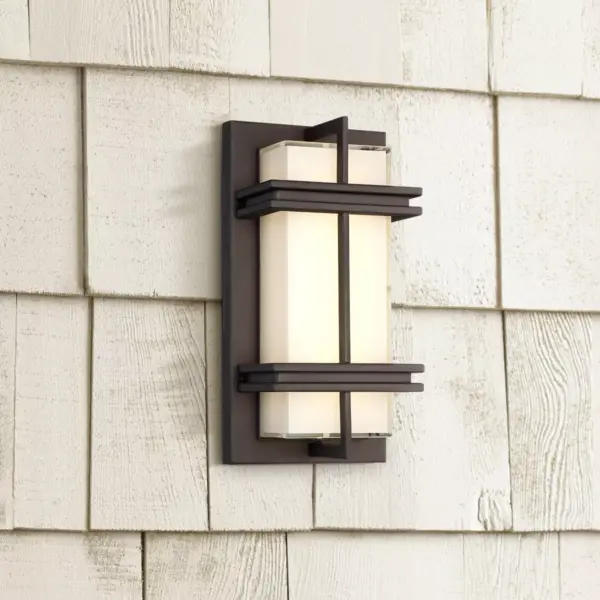 Possini Euro Design Modern Outdoor Wall Light Fixture LED Bronze Grid Segments 12" Frosted Glass for Exterior House Porch Patio