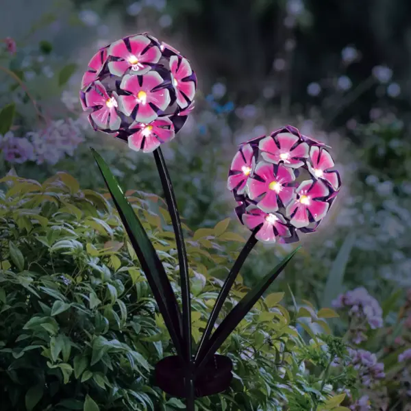 29.13" Metal Double Hydrangea Solar Stake Pink - Exhart