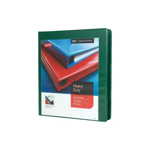 Staples Heavy Duty 1" 3-Ring View Binder Green (24670) 82708