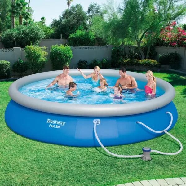 Bestway 57267E Fast Set Up 15ft x 33in Outdoor Inflatable Round Above Ground Swimming Pool Set with 530 GPH Filter Pump, Blue