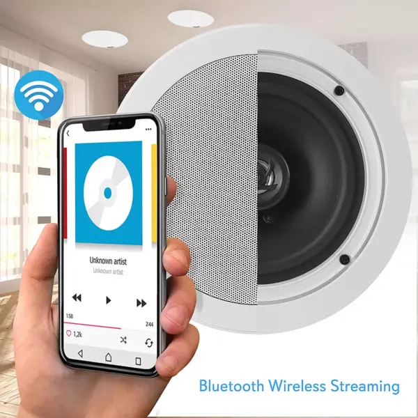 Pyle PDICBT552RD 150W Flush Mount in Wall or Ceiling 2 Way Bluetooth Speaker System Pair Kit with Round Cone and Polymer Tweeter, White