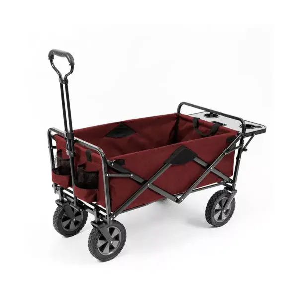 Mac Sports Heavy Duty Steel Frame Collapsible Folding 150 Pound Capacity Outdoor Garden Utility Wagon Yard Cart with Table and Cup Holders, Maroon