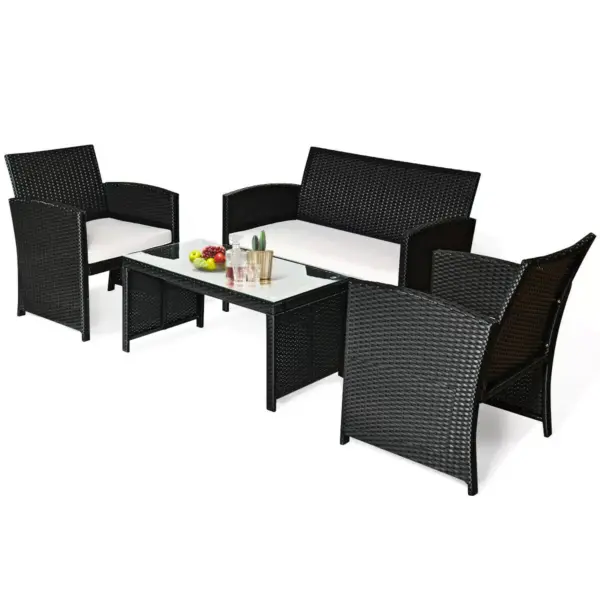 Costway 4PCS Patio Rattan Furniture Conversation Set Cushioned Sofa Coffee Table Black