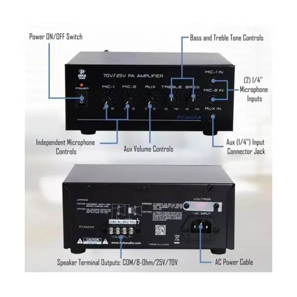 Pyle PCM20A Mini Home Microphone Audio Speaker Control Power 40 Watt Amplifier with Bluetooth Connectivity and Remote Control, Black