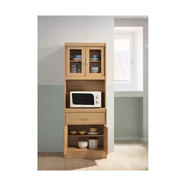 Hodedah Freestanding Kitchen Storage Cabinet w/ Open Space for Microwave, Beech