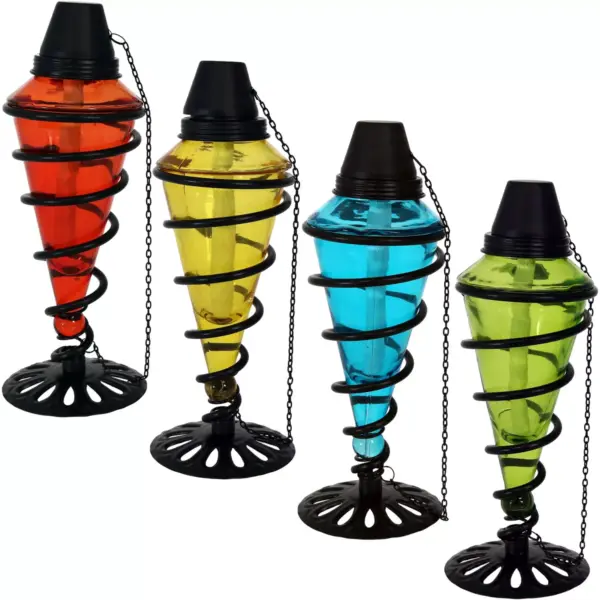 Sunnydaze Outdoor Tabletop Glass and Metal Swirl Patio Table and Lawn Citronella Torch Set - Blue, Red, Green, and Yellow - 4pc