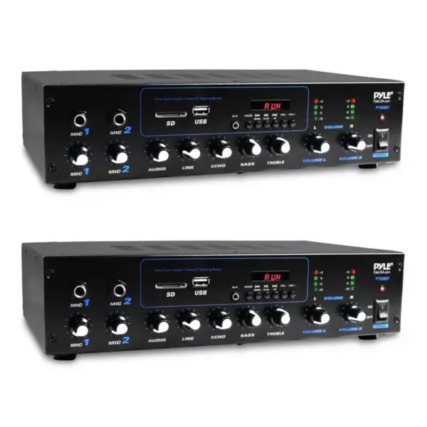 Pyle PT506BT 600 Watt Compact Bluetooth Home Audio Power Amplifier Stereo Receiver Sound System with MP3/USB/SD/AUX Playback and Mic Inputs (2 Pack)