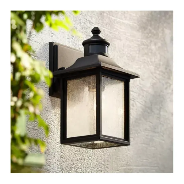 John Timberland Outdoor Wall Light Fixture Black Steel 11 1/2" Seedy Glass Motion Security Sensor for Exterior House Porch Patio Deck