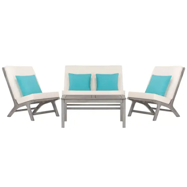 Chaston 4pc Outdoor Living Set With Accent Pillows - Gray Wash/White/Light Blue - Safavieh