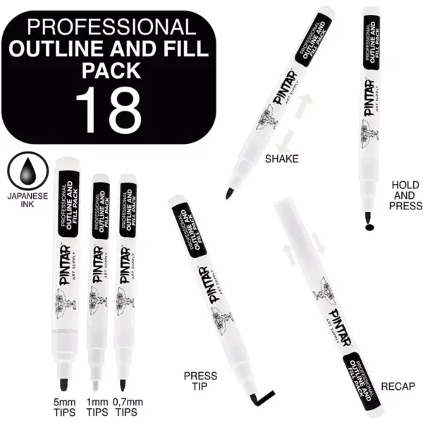 Pintar Art Supply Professional Outline & Fill Pack - Set of 18 Black/White Paint Markers