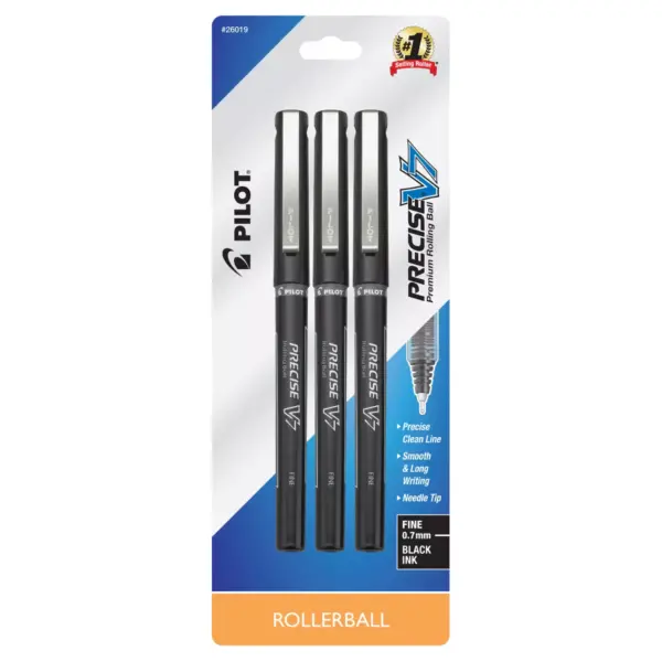 Pilot 3ct Precise V7 Rolling Ball Pens Fine Point 0.7mm Black