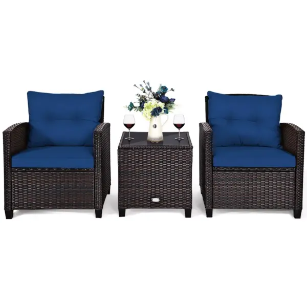 3PCS Patio Rattan Furniture Set Cushioned Conversation Set Coffee Table Navy