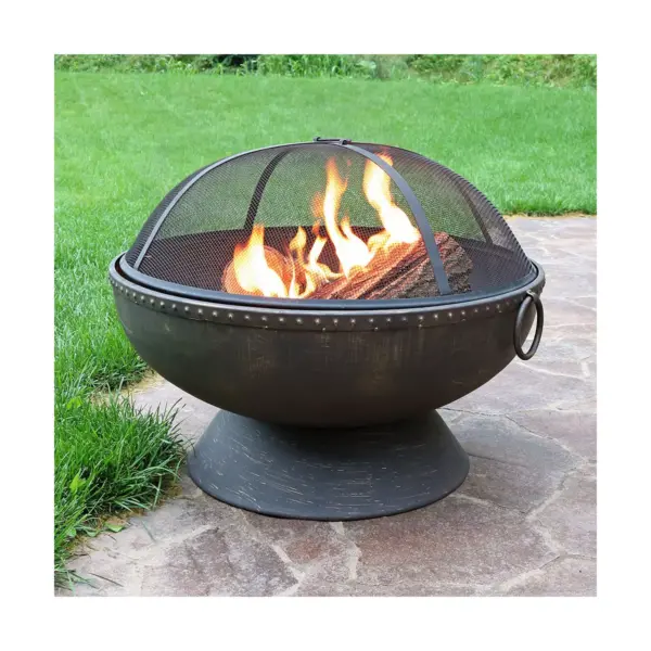 Sunnydaze Outdoor Camping or Backyard Large Fire Pit Bowl with Spark Screen, Log Poker, and Metal Wood Grate - 30" - Bronze