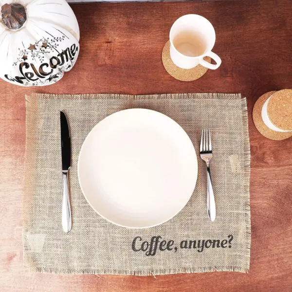 Brown Woven Burlap Table Placemat “Coffee, Anyone?” Dining Table Mat for Kitchen Party Decor (17.7 x 13.8 in)