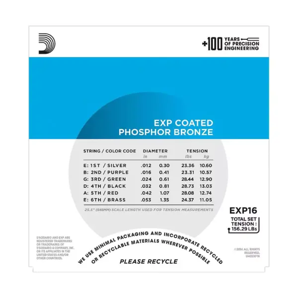 D'Addario EXP16 Coated Phosphor Bronze Light Acoustic Guitar Strings