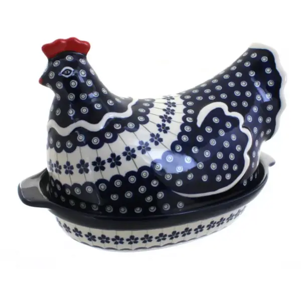 Blue Rose Polish Pottery Flowering Peacock Hen Baker