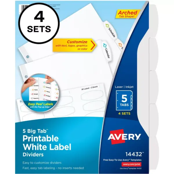 Avery Easy Peel White Label Tab Dividers 5-Tab 6/PK White 14432