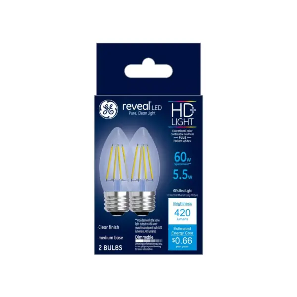 General Electric 2pk 60W Reveal Deco Clear LED Light Bulb White