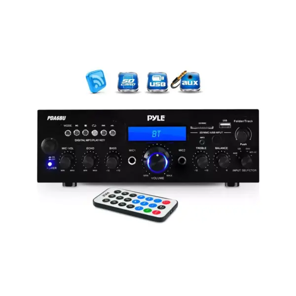 Pyle 200 Watt Bluetooth Home Theater Desktop Stereo Amplifier Receiver with LCD Display, USB Port, SD Card Reader, Remote and FM Antenna (4 Pack)