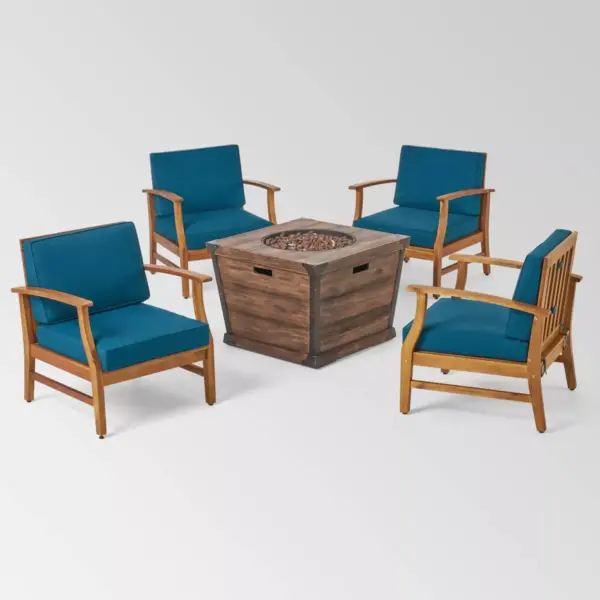 Mark 5pc Acacia Wood Club Chairs & Fire Pit - Teak/Blue/Brown - Christopher Knight Home