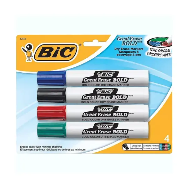 Bic Great Erase Bold Tank-Style Dry Erase Marker Chisel Tip Assorted 4/Pack DECP41ASST