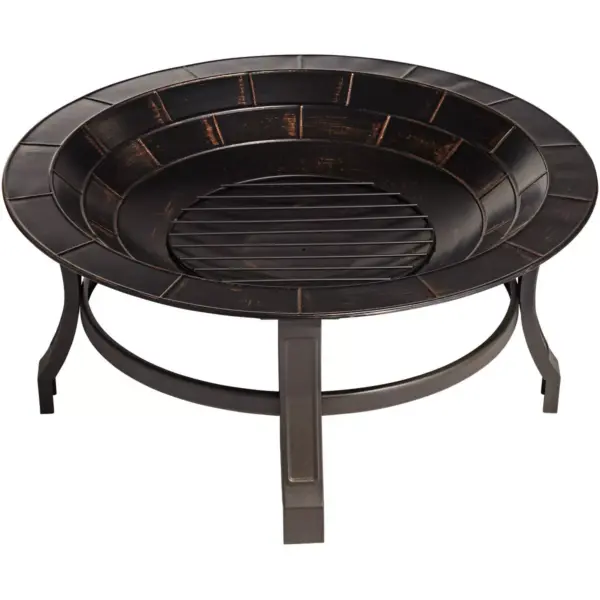 John Timberland Iron Outdoor Fire Pit Round 30" Bowl Brick Steel Wood Burning With Spark Screen and Fire Poker for Outside Backyard Patio Camping