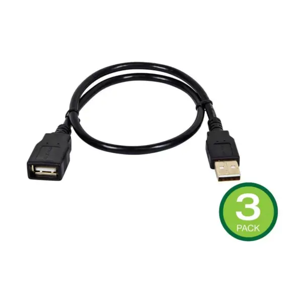 Monoprice USB Type-A to USB Type-A Female 2.0 Extension Cable - 1.5 Feet - Black (3 Pack) 28/24AWG, Gold Plated Connectors