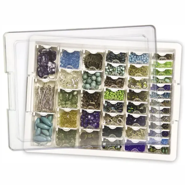 Elizabeth Ward Bead Storage Solutions 45 Piece Stackable Plastic Organizer Tray with 42 Compartments in Assorted Sizes, Labels, and Transparent Lid