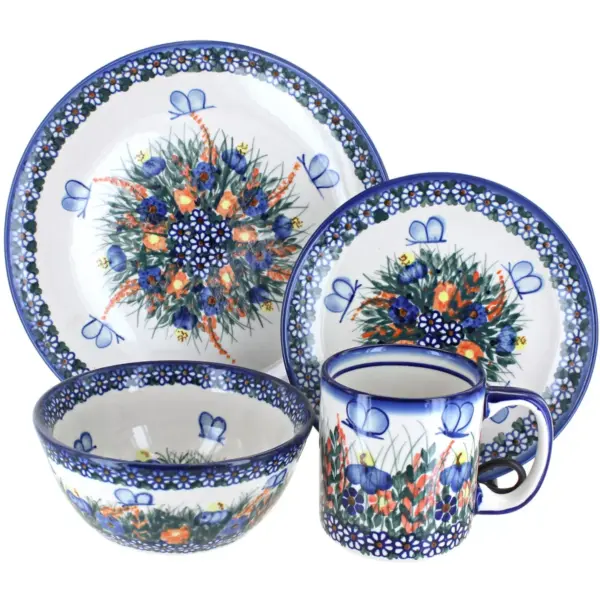 Blue Rose Polish Pottery Spring Butterfly 4 Piece Place Setting - Service for 1