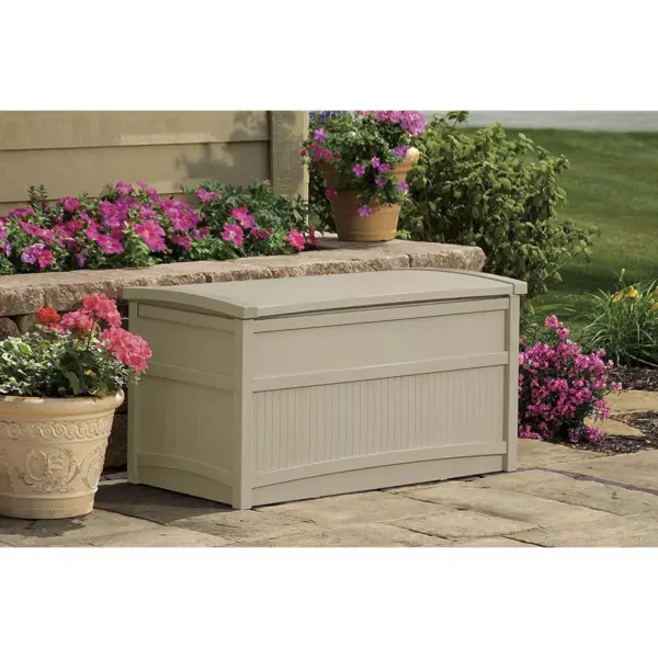 Suncast DB5000 50 Gallon Outdoor Storage Stay Dry Resin Patio Deck Box, Taupe