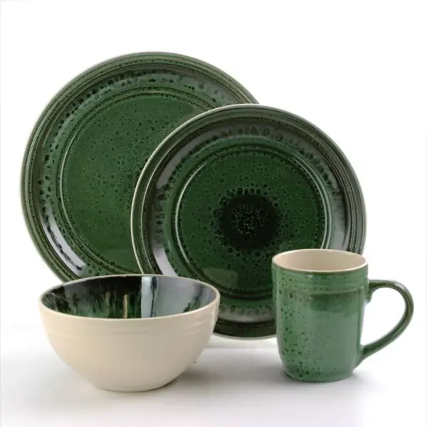 16pc Stoneware Forest Emerald Dinnerware Set Green - Elama