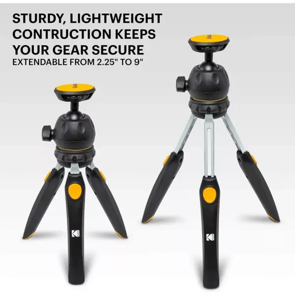 KODAK PhotoGear Mini Adjustable Tripod with Remote, 360° Ball Head, Compact 9” Tabletop Tripod,11” Selfie Stick, 5-Position Legs, Rubber Feet, Smartphone & Action Camera Adapters, E-Guide Included