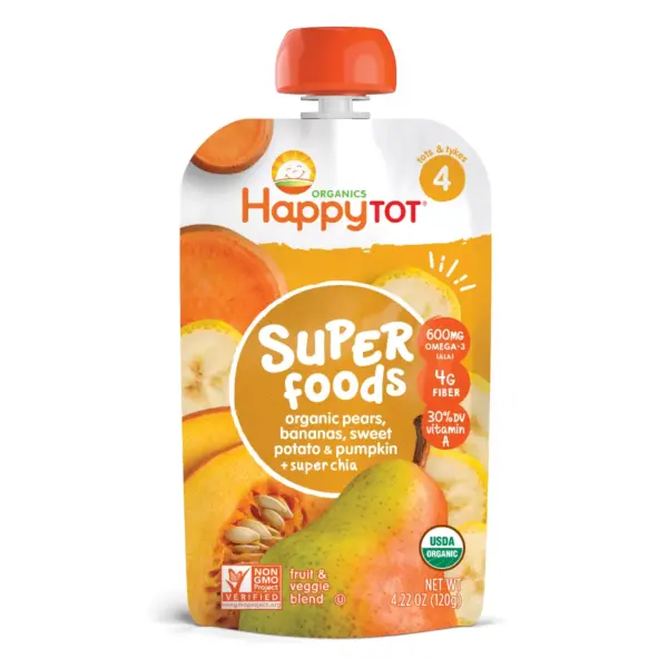 HappyTot Super Foods Organic Pears Bananas Sweet Potato & Pumpkin with Super Chia Baby Food Pouch - 4.22oz