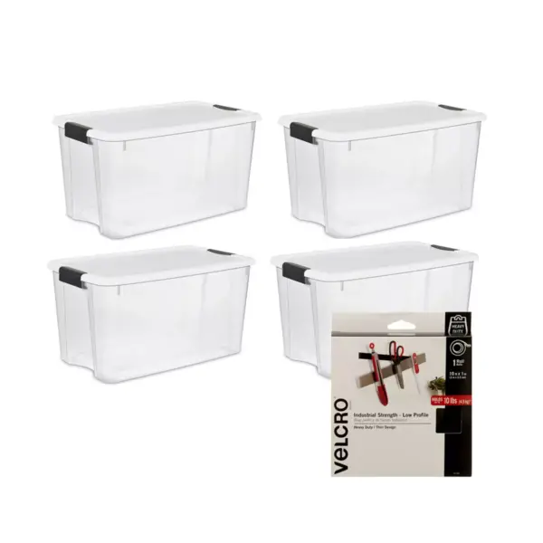 Sterilite 70 Quart Storage Box (4 Pack) with VELCRO Brand 10 Foot Tape Roll