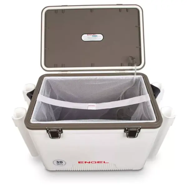 Engel 30 Quart Insulated Live Bait Fishing Dry Box 48 Can Hard Airtight Cooler with Water Speed Aerator Pump, Removable Pull Net and 4 Rod Holders