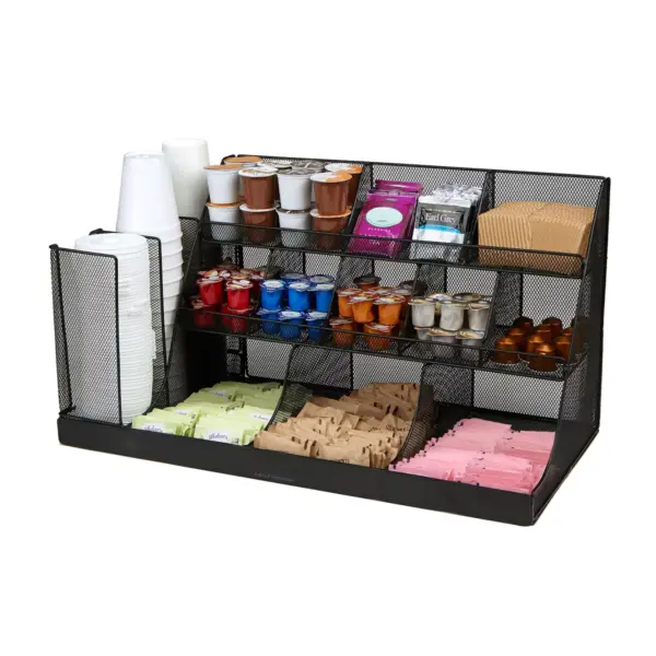 Mind Reader 14 Compartment 3 Tier Large Breakroom Condiment Organizer, Black Metal Mesh