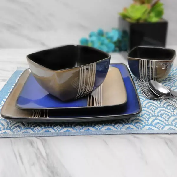 16pc Stoneware Double Color Square Dinnerware Set Brown/Blue - Elama