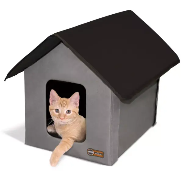 K&H Pet Products 3996 Thermo Outdoor Water Resistant Heated Kitty House with 2 Door Flaps Safety Escape For Feral and Outdoor Cats, Gray, Black