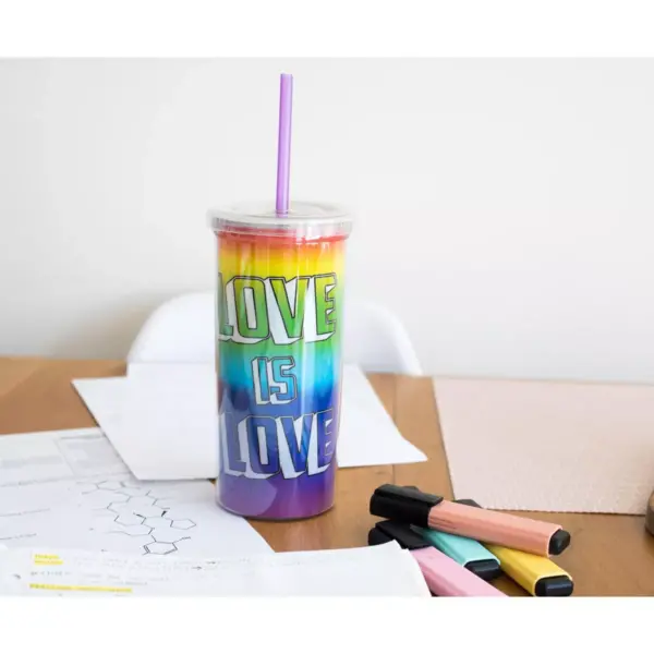 Silver Buffalo Love is Love Rainbow Carnival Cup With Glitter Lid And Straw | Holds 20 Ounces