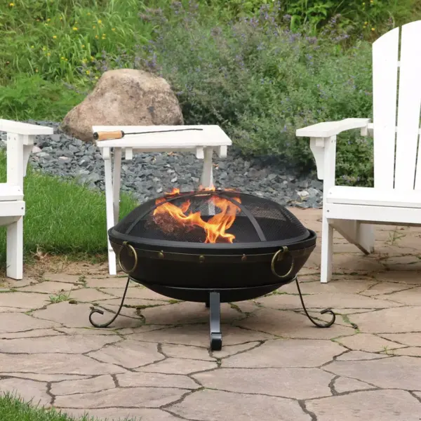 Sunnydaze Outdoor Camping or Backyard Steel Victorian Fire Pit Bowl with Handles and Spark Screen - 25" - Black