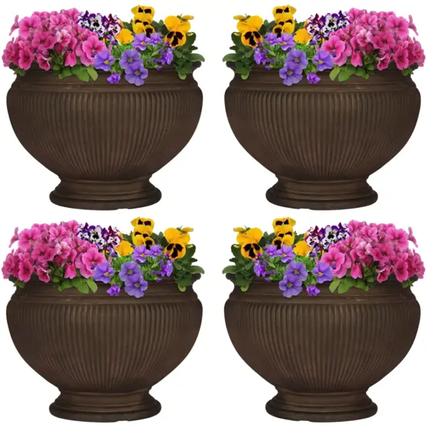 Sunnydaze Indoor/Outdoor Patio, Garden, or Porch Weather-Resistant Double-Walled Elizabeth Ribbed Urn Flower Pot Planter - 16" - Rust Finish - 4pk