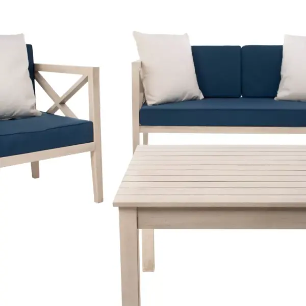 Nunzio 4pc Outdoor Set With Accent Pillows - White/Navy - Safavieh