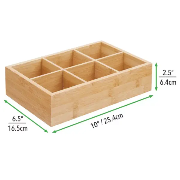 mDesign Bamboo Wood Tea & Food Organizer Bin - 6 Sections, 2 Pack - Natural