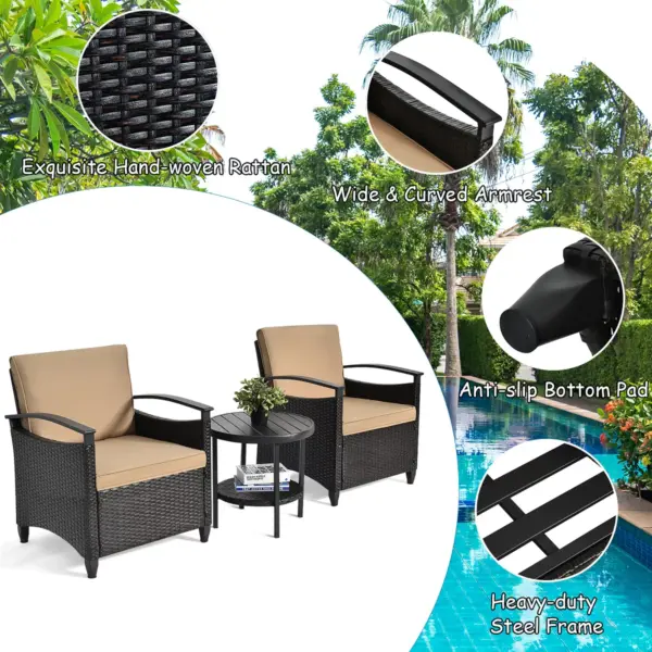 Costway 3PCS Patio Rattan Furniture Set Cushioned Sofa Storage Table W/ Shelf Garden