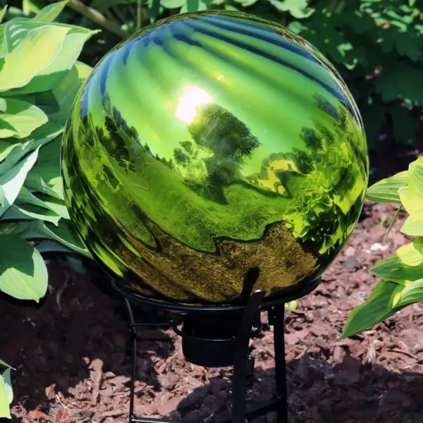 Sunnydaze Indoor/Outdoor Rippled Reflective Mirrored Surface Gazing Globe Glass Garden Ball with Stemmed Bottom and Rubber Cap - 10" Diameter - Green