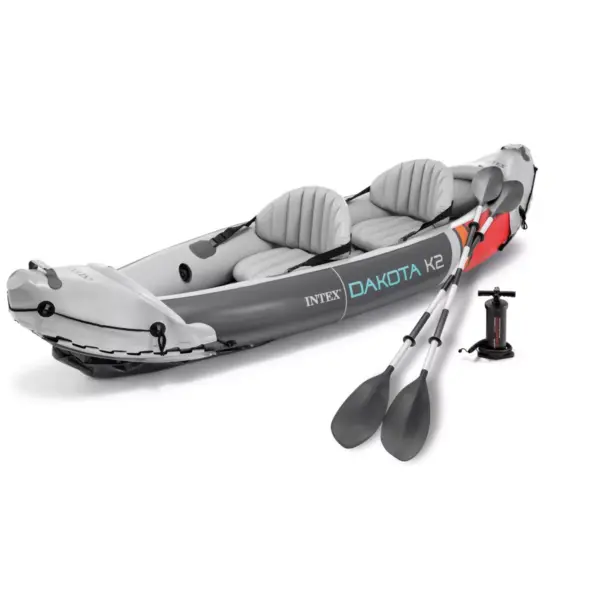 Intex 68310VM Dakota K2 2-Person Heavy-Duty Vinyl Inflatable Kayak and Accessory Kit with 86-Inch Oars, Air Pump, and Carry Bag, Gray/Red