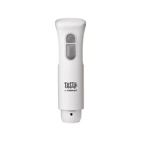 Tasty by Cuisinart Stainless Steel Electric Kitchen Handheld Food Blender Stick with Beater, Measuring Cup, and Safety Button Feature, White