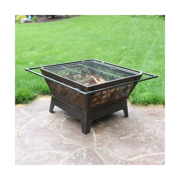 Sunnydaze Outdoor Camping or Backyard Steel Northern Galaxy Fire Pit with Cooking Grill Grate, Spark Screen, and Log Poker - 32"