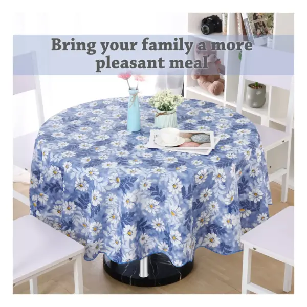 71" Dia Round Vinyl Water Oil Resistant Printed Tablecloths Blue Daisy - PiccoCasa